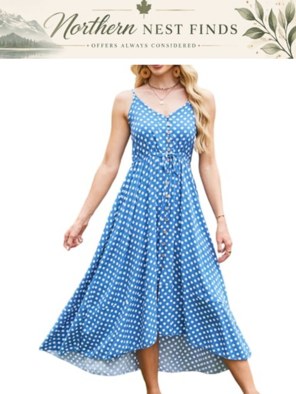 Women's Boho Polka Dot Sundress Spaghetti Strap V Neck Flowy Midi